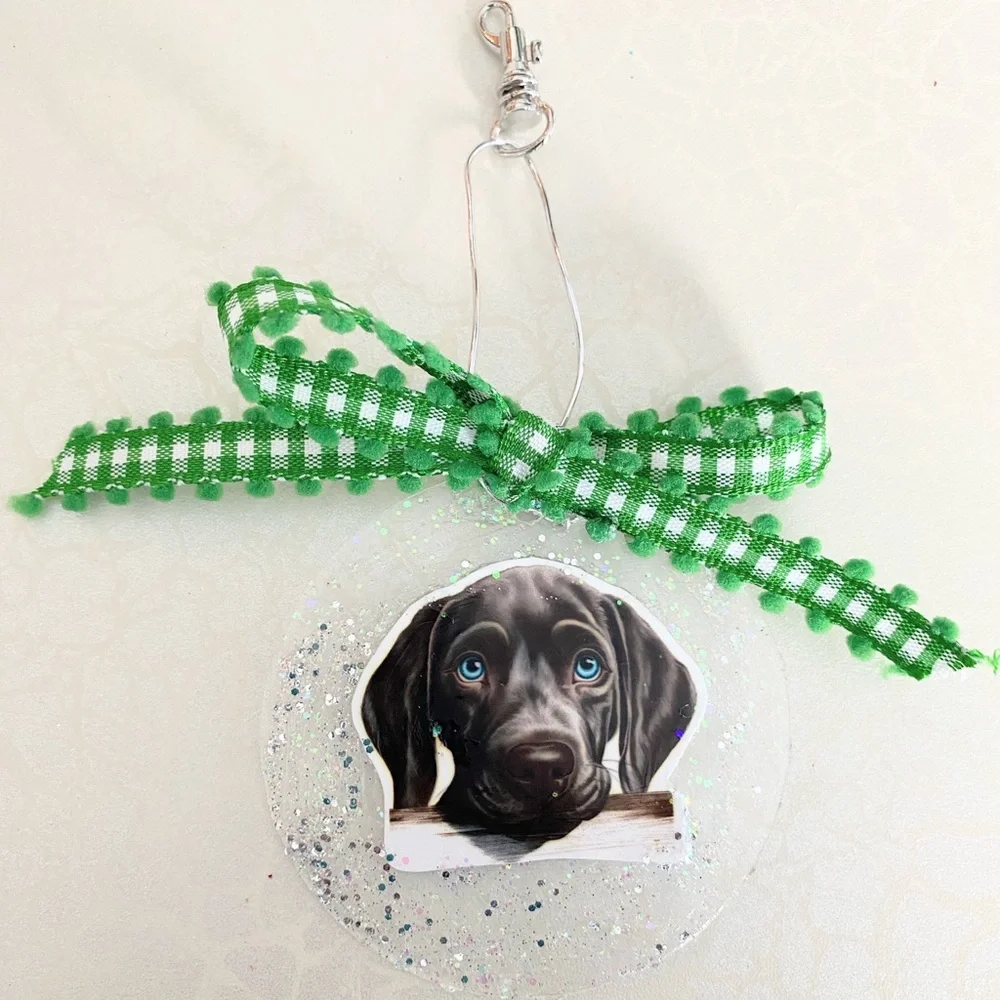 Clear Round  Weimaraner Dog Ornament with Green Bow or purse charm